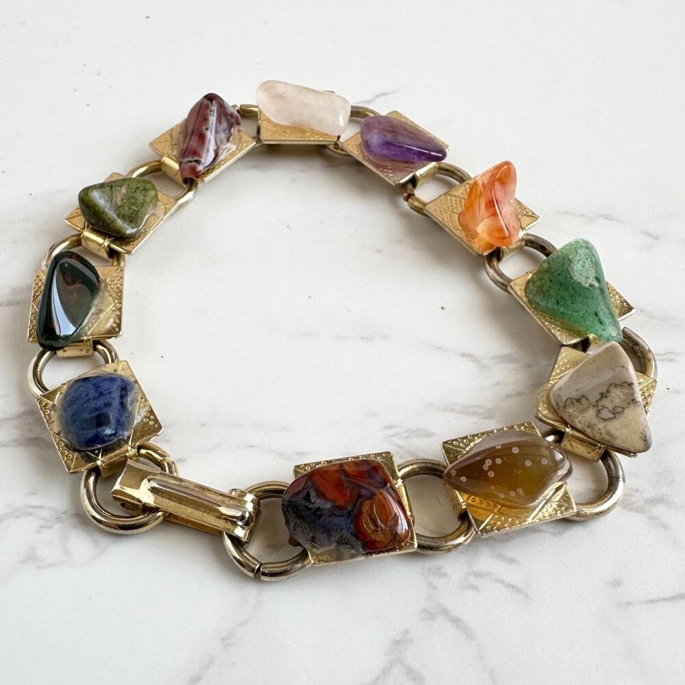 Vintage Pebble Stone Bracelet With Natural Gemstones & Gold Tone Metal 7"